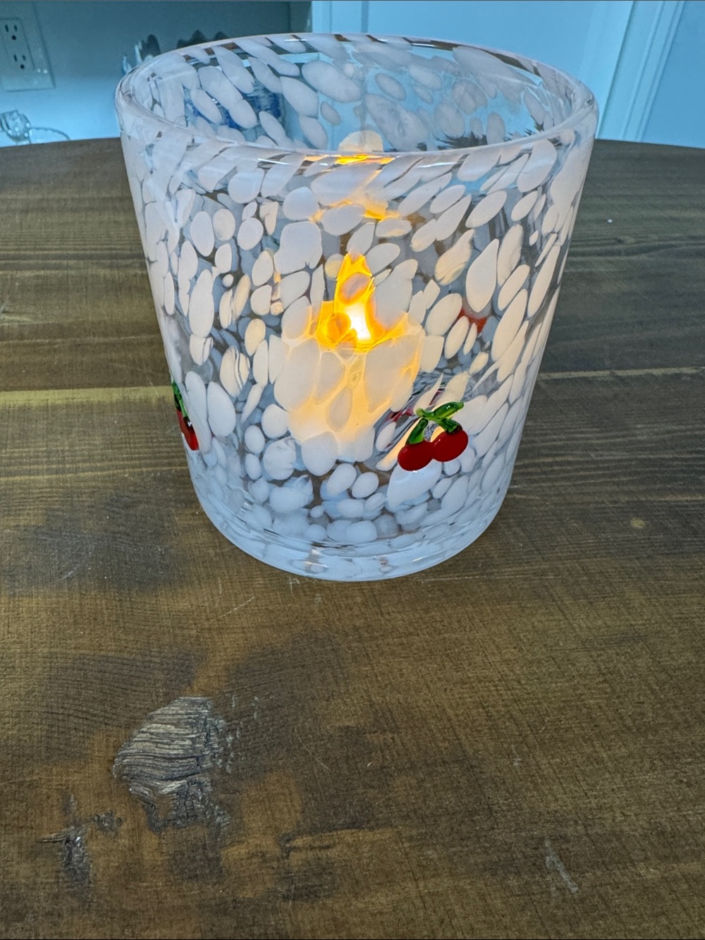 Handblown White Speckled Glass Candle Holder with Cherry Accent